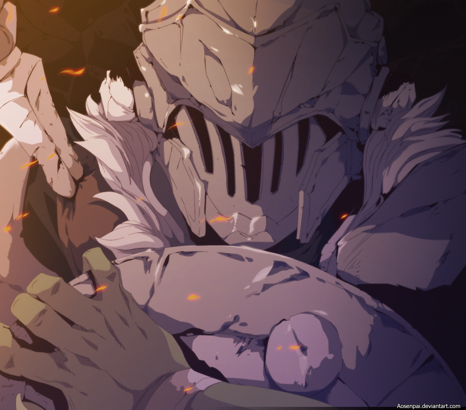 HD desktop wallpaper of a detailed close-up from Goblin Slayer, featuring the armored protagonist in a dynamic pose.