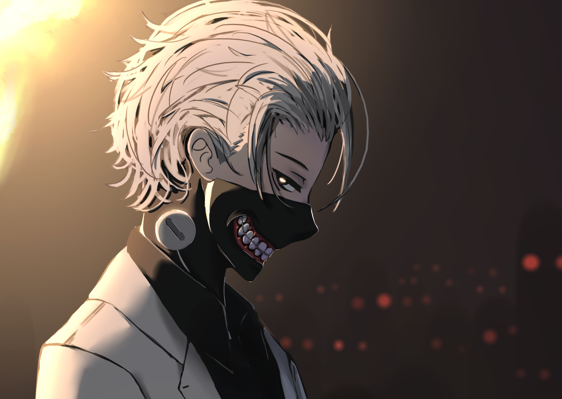 HD anime desktop wallpaper featuring Ken Kaneki from Tokyo Ghoul:re, showcasing his white hair, dark mask with teeth, and intense side profile against a glowing background.