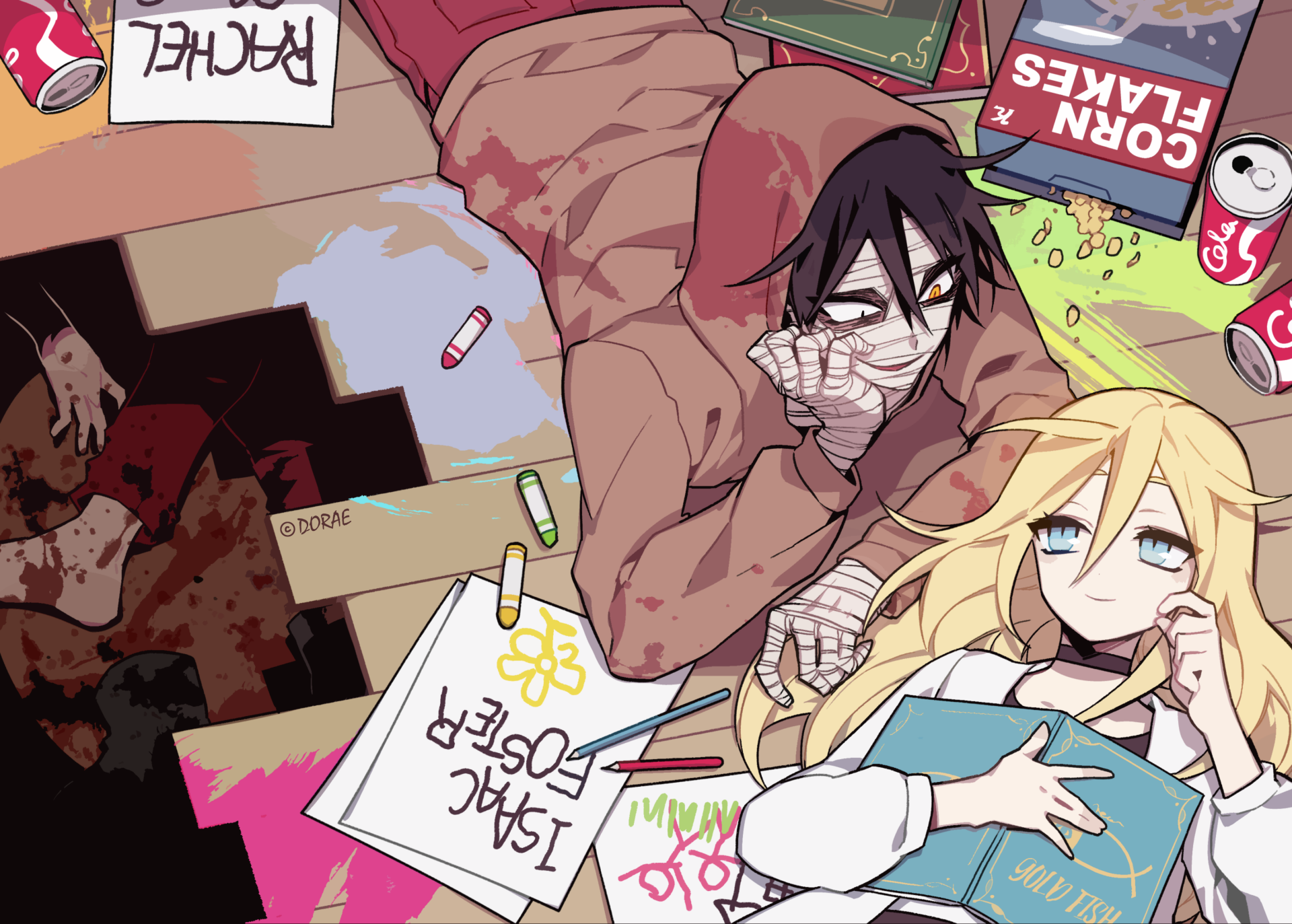 HD anime wallpaper featuring Zack and Rachel Gardner from Angels of Death, surrounded by scattered items like pills, a corn flakes box, and papers on the floor.