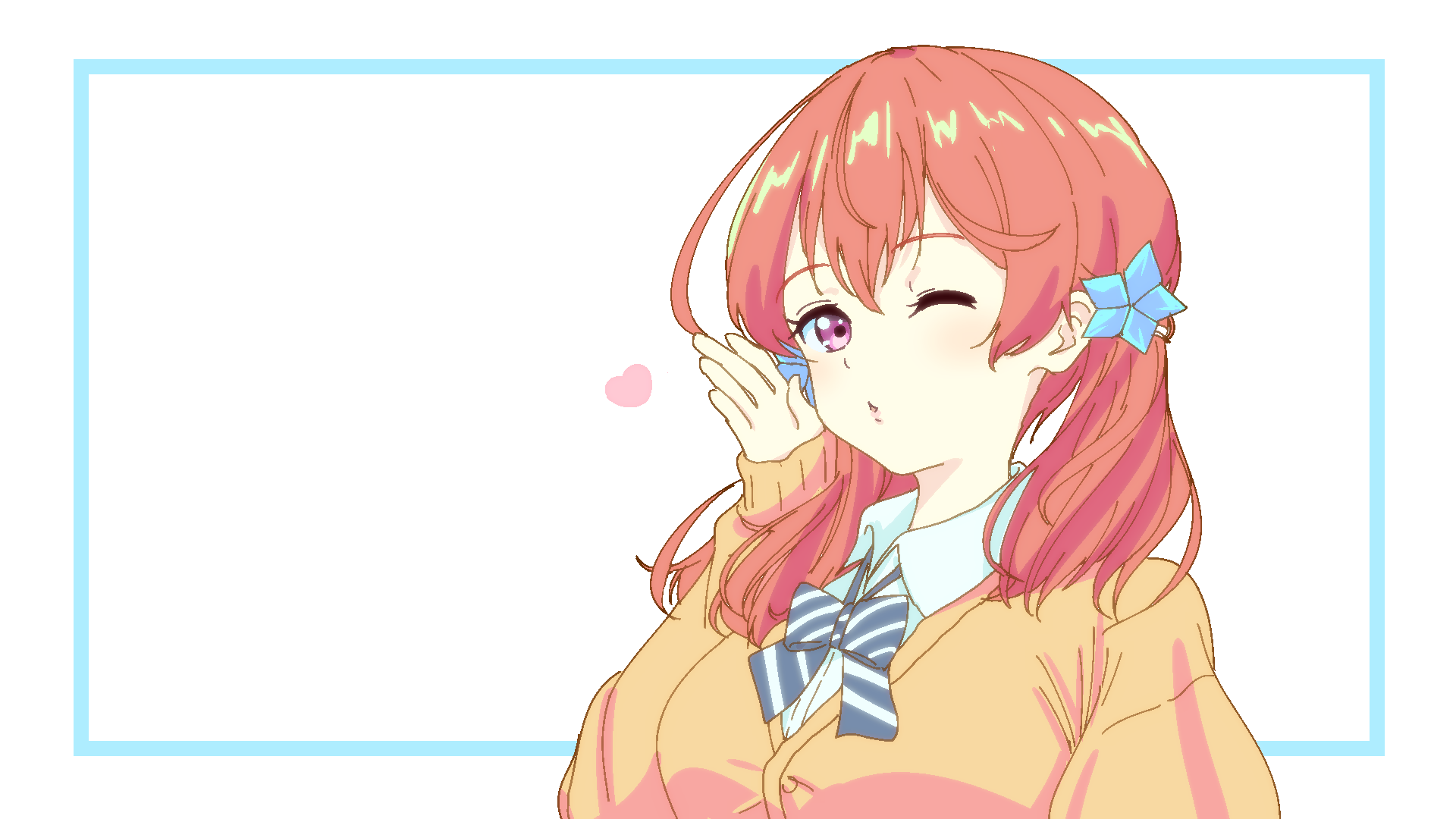 Futaba Kitakami — anime Virtual Youtuber HD PC desktop wallpaper: winking pink-haired schoolgirl with bow clip, hand near face and small heart on white background framed in blue.