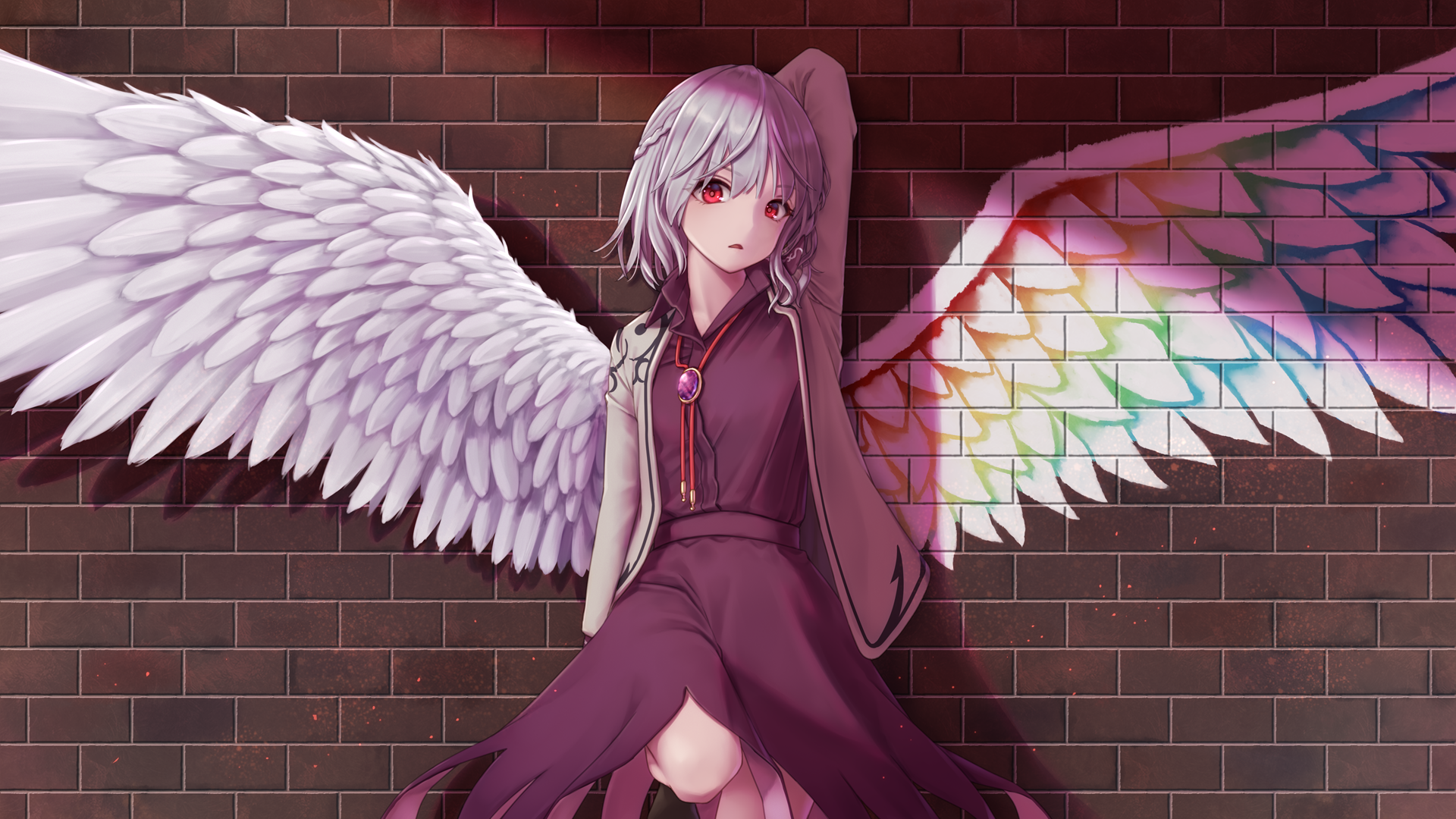 HD desktop wallpaper featuring Sagume Kishin from Touhou. She has white wings and silver hair, leaning against a brick wall with a pensive expression.