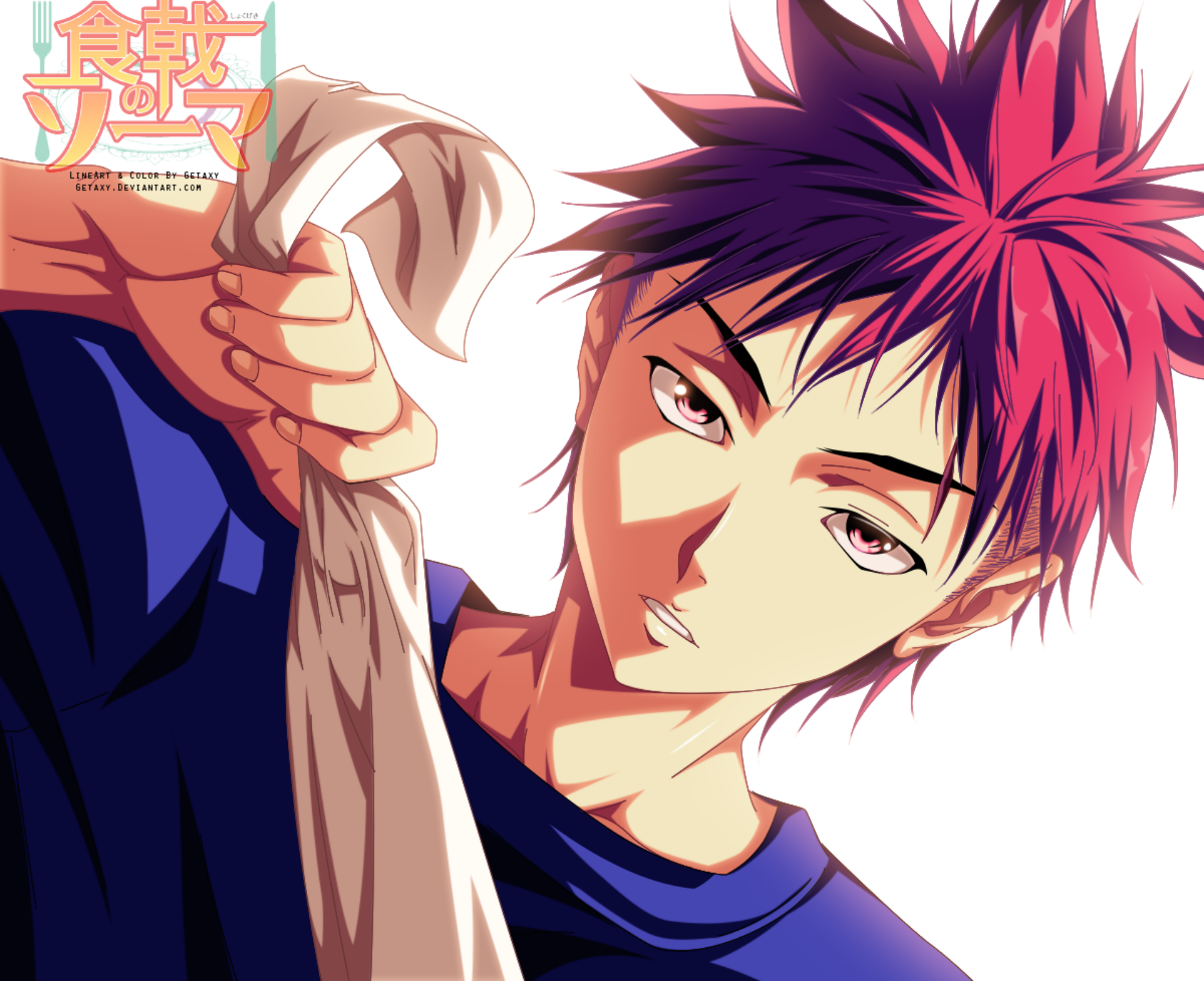 HD PC desktop wallpaper: close-up anime portrait of Sōma Yukihira (Food Wars: Shokugeki no Soma), red hair, intense gaze, pulling a towel over his shoulder on a white background.