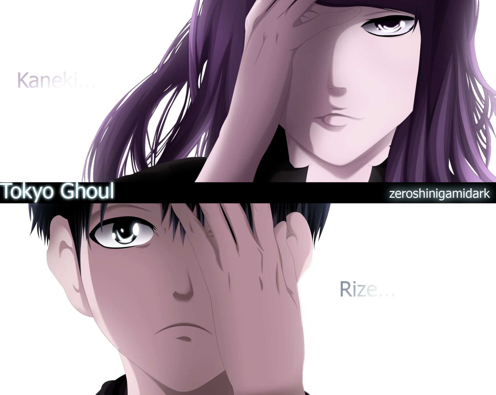 HD anime desktop wallpaper featuring Rize Kamishiro and Ken Kaneki from Tokyo Ghoul, showcasing a striking split-face design.