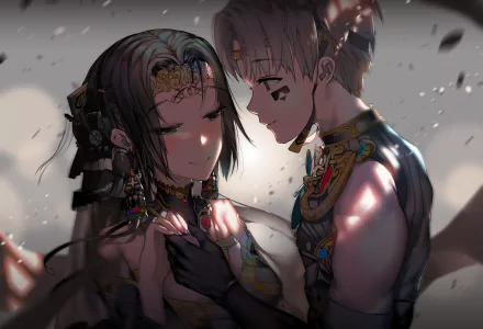 HD desktop wallpaper featuring Ken Kaneki and Touka Kirishima from the anime Tokyo Ghoul, showing an intricately detailed and emotional scene.