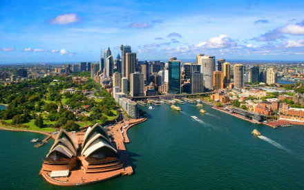 A vibrant cityscape of Sydney featuring the iconic Sydney Opera House, towering skyscrapers, and bustling harbor waters under a clear blue sky.