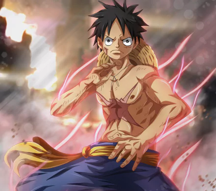 HD wallpaper featuring Monkey D. Luffy from the anime One Piece, showcasing his muscular torso with a prominent scar. Luffy is depicted with a determined expression amidst a dynamic and fiery background.