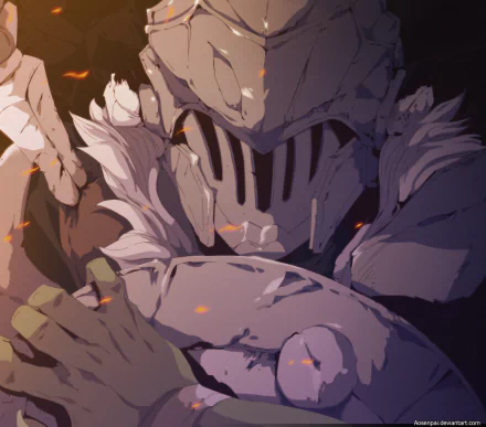 HD desktop wallpaper featuring a close-up of Goblin Slayer, an armored character from the anime Goblin Slayer, surrounded by embers and dark shadows.