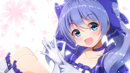 Anime-style HD desktop wallpaper featuring Chihiro Yuuki, a vibrant Virtual YouTuber, with blue hair and bright eyes against a soft pink floral background.