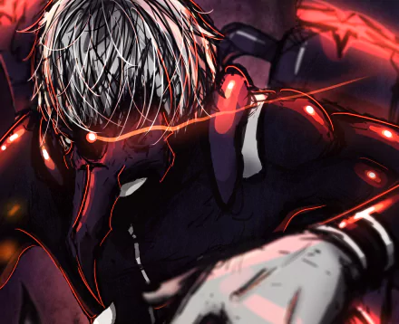 Ken Kaneki from Tokyo Ghoul crouches in shadow, red kagune glowing across dark armor and white hair; 2K Quad HD anime PC desktop wallpaper.
