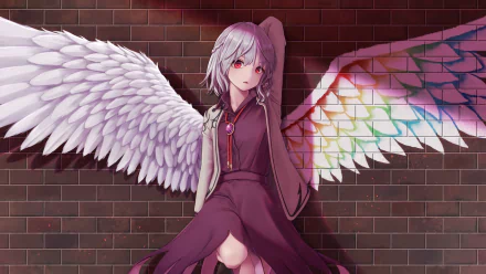 HD desktop wallpaper featuring Sagume Kishin from Touhou. She has white wings and silver hair, leaning against a brick wall with a pensive expression.