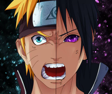 HD desktop wallpaper: split close-up of Naruto Uzumaki and Sasuke Uchiha — Naruto’s blue eye versus Sasuke’s purple Rinnegan in an intense anime Naruto & Sasuke face-off.