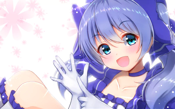 Anime-style HD desktop wallpaper featuring Chihiro Yuuki, a vibrant Virtual YouTuber, with blue hair and bright eyes against a soft pink floral background.