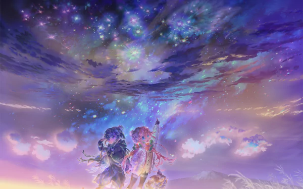 HD PC desktop wallpaper featuring Rin Shima and Nadeshiko Kagamihara from Laid-Back Camp, illustrated with a vibrant, starry sky and dreamy anime style by Chikuwa.