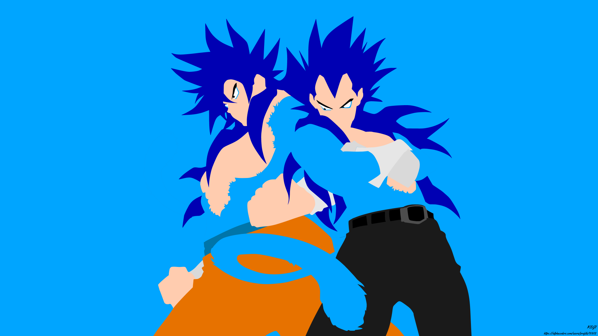 Minimalist 8K Ultra HD anime wallpaper of Goku and Vegeta in Super Saiyan Blue, spiky blue hair and crossed-arms back-to-back pose on a bright cyan background (Dragon Ball Super).