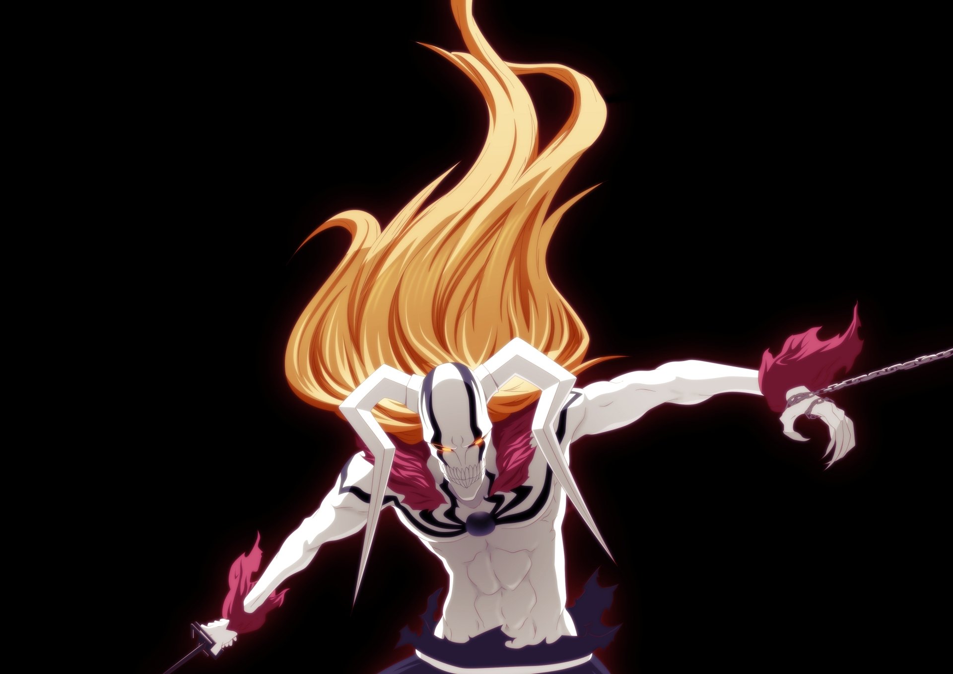 Ichigo Kurosaki from the anime Bleach is depicted in his Hollow form, featured in a 4K Ultra HD PC desktop wallpaper with dynamic, intense colors on a black background.