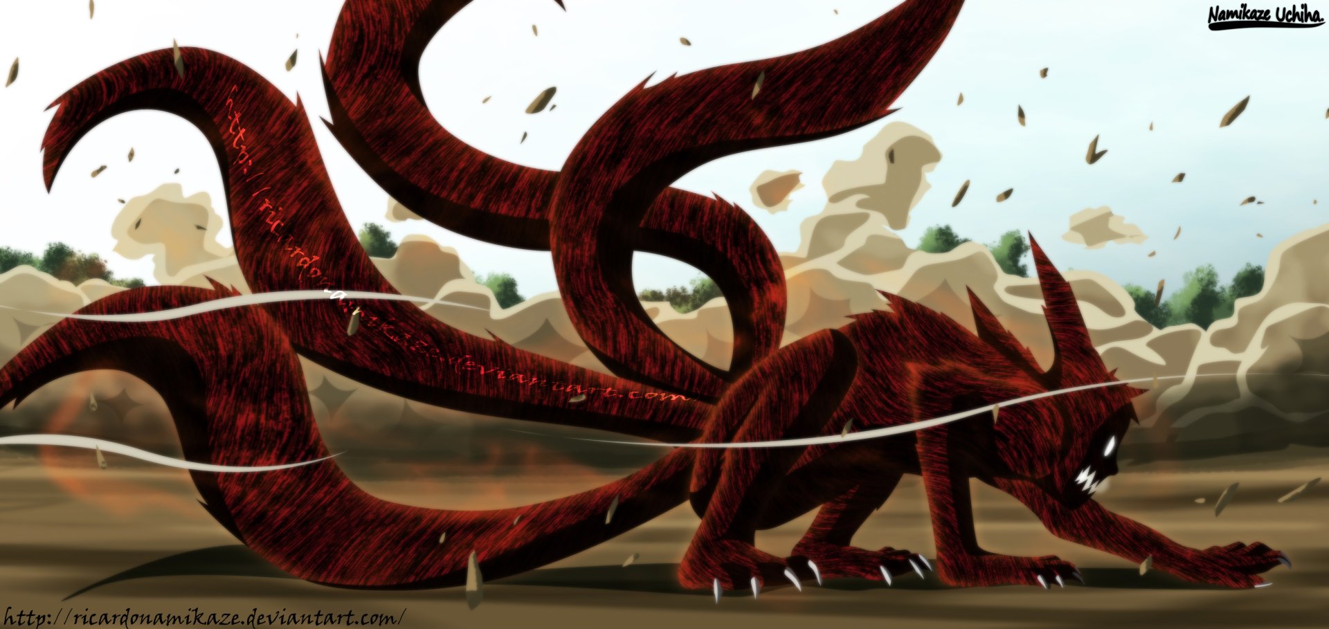 HD PC desktop wallpaper featuring Kurama, the Nine-Tails fox, from Naruto, depicted in dynamic motion with swirling tails against a dramatic background.