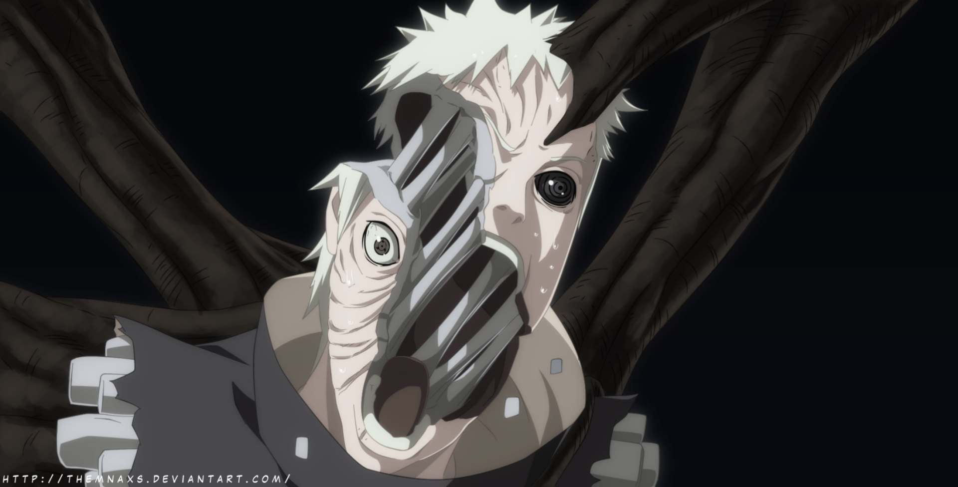 Obito Uchiha from Naruto is depicted in an anime-style HD PC desktop wallpaper with his mask partially broken, revealing his face.