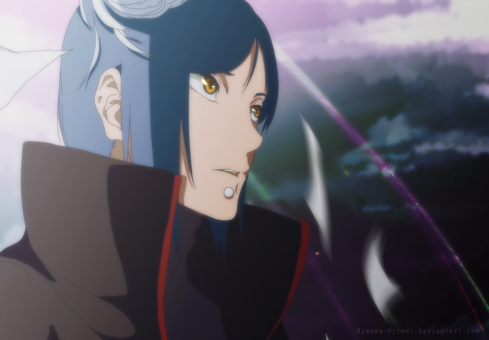 HD PC desktop wallpaper featuring Konan from the anime Naruto, showcasing her profile with striking blue hair and yellow eyes against a dark, cloudy background.