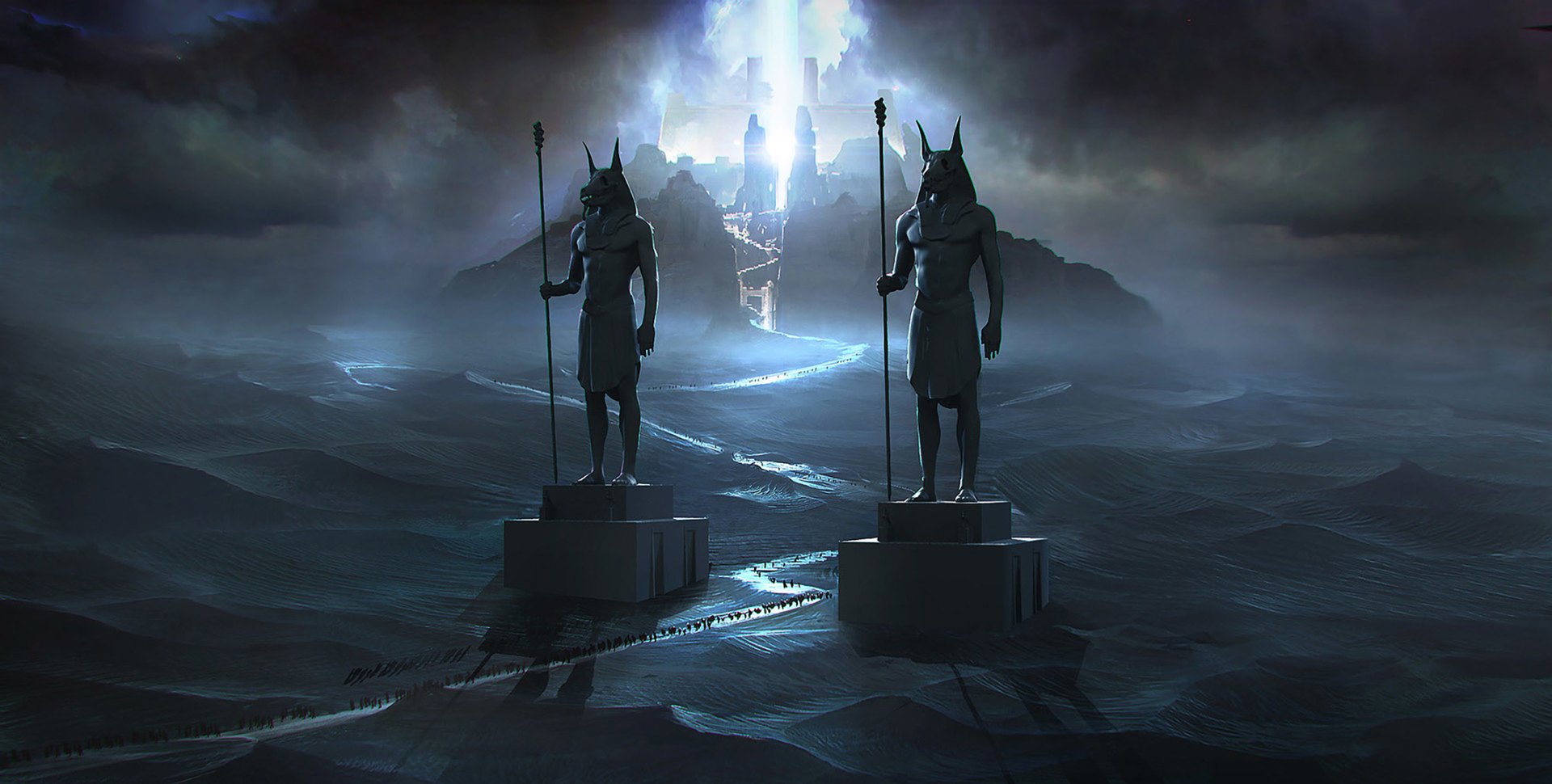 HD fantasy landscape wallpaper featuring two dark, Anubis-like statues flanking a glowing, mystical path leading to a radiant floating fortress in a foggy, surreal environment.