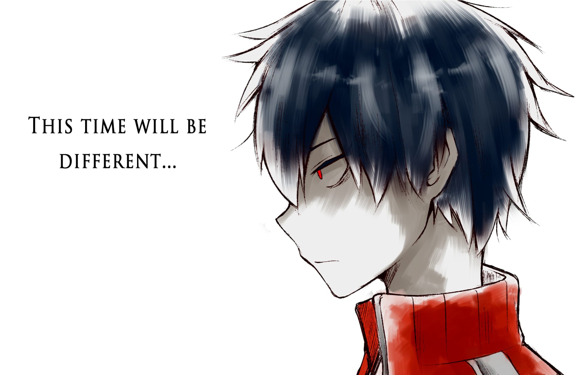 HD PC desktop wallpaper of Shintaro Kisaragi (Kagerou Project) — anime side profile with dark hair, red eyes and red jacket, caption: This time will be different...