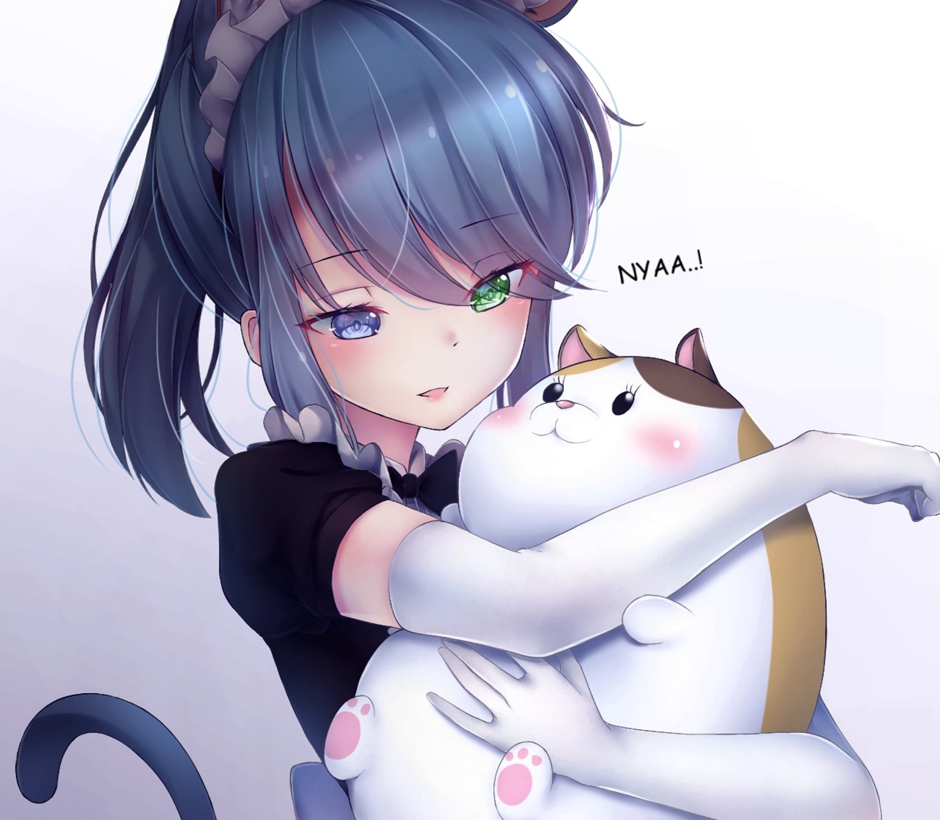 Anime girl with blue hair in a ponytail and heterochromia—one green eye, one blue—hugging a chubby anime cat with NYAA..! text in a HD desktop wallpaper.