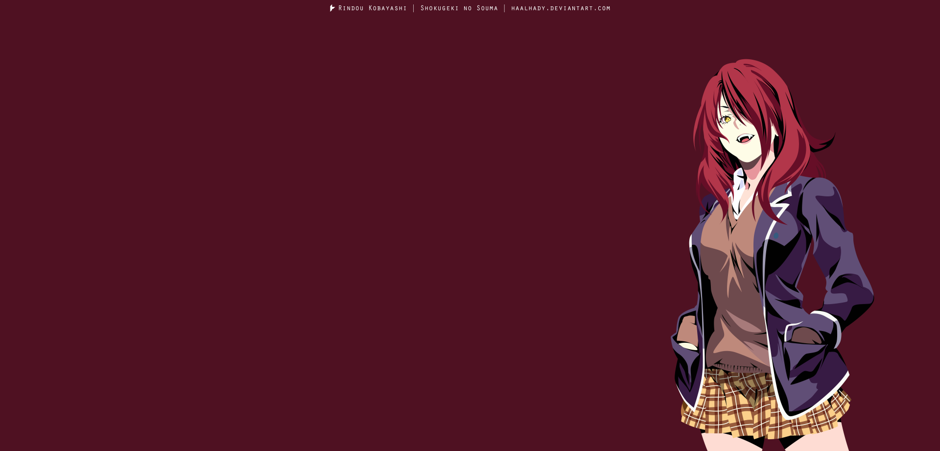 Rindō Kobayashi from Food Wars: Shokugeki no Soma stands at the right on a deep burgundy field, anime character portrait in a 5K Ultra HD PC desktop wallpaper and background.