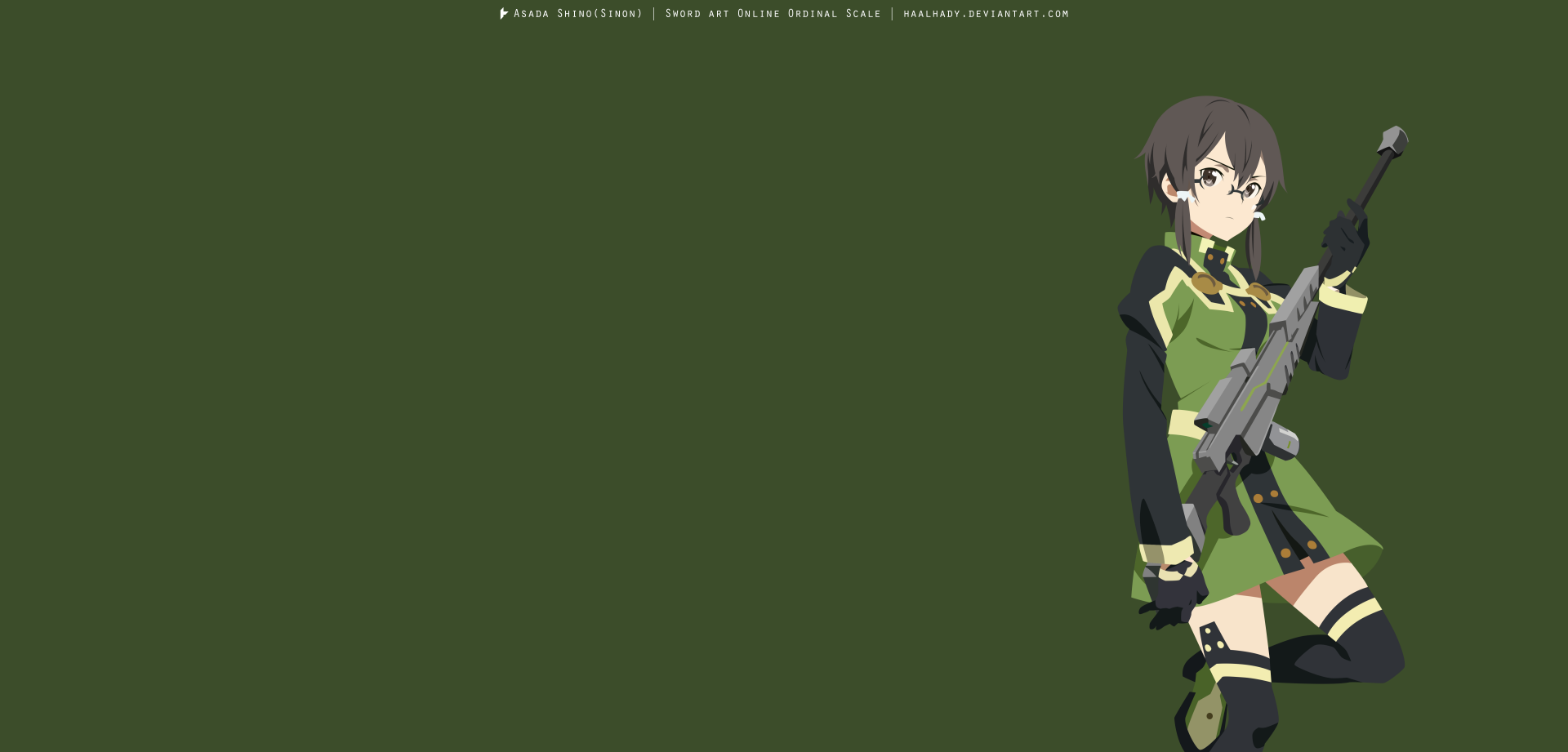 Shino Asada (Sinon) from Sword Art Online Movie: Ordinal Scale in a green outfit holding a sniper rifle at right on a minimalist olive background — 5K Ultra HD PC desktop wallpaper