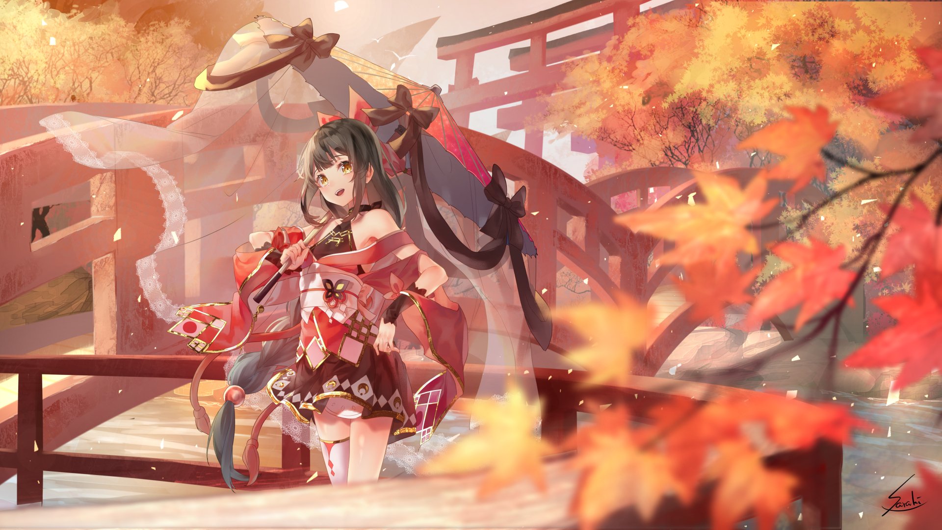 Anime-style original character with long black hair, yellow eyes, and a bow, dressed in a kimono and holding a parasol, set against an autumn shrine background.