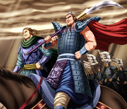 HD desktop wallpaper featuring Ou Ki and Tou from the anime Kingdom, displaying a dynamic scene with both characters in battle armor leading their troops.