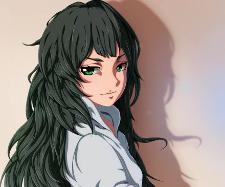 HD anime desktop wallpaper featuring Maho Hiyajo from Steins;Gate 0 with detailed black hair and expressive green eyes against a soft background.