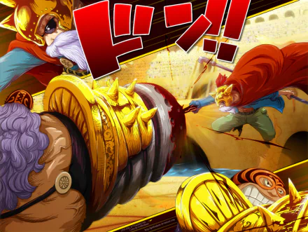 HD desktop wallpaper from One Piece showcasing a dynamic battle scene featuring characters Haki, Jesus Burgess, and Sabo.