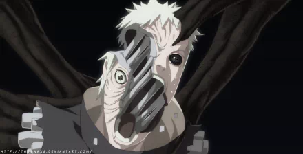 Obito Uchiha from Naruto is depicted in an anime-style HD PC desktop wallpaper with his mask partially broken, revealing his face.
