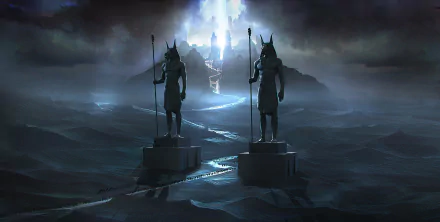 HD fantasy landscape wallpaper featuring two dark, Anubis-like statues flanking a glowing, mystical path leading to a radiant floating fortress in a foggy, surreal environment.