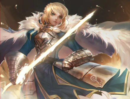 cape armor green eyes blonde Excalibur Saber (Fate Series) Fate (Series) Artoria Pendragon Anime Fate/Grand Order HD Desktop Wallpaper | Background Image