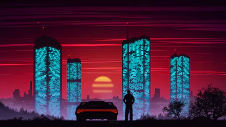 HD desktop wallpaper depicting a sci-fi city with tall, futuristic buildings illuminated in blue against a vibrant red sky at sunset. A silhouette of a person and a car are in the foreground.