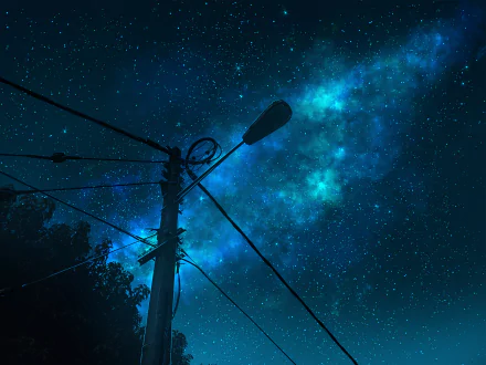 An original HD anime wallpaper featuring a starry night sky with a vivid blue Milky Way, centered around a utility pole silhouette.