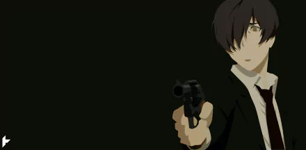 Minimalist 4K Ultra HD anime wallpaper featuring Avilio Bruno from 91 Days with black hair, yellow eyes, and a pistol aimed forward on a dark background.