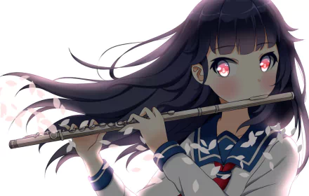 Anime-style illustration of a girl with long purple hair and red eyes, wearing a school uniform and playing a flute, surrounded by a soft pastel background.