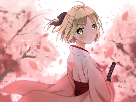 A blonde character with yellow eyes dons a kimono, reminiscent of Okita Sōji from the Fate Series, surrounded by pink cherry blossoms in this vibrant HD anime wallpaper.