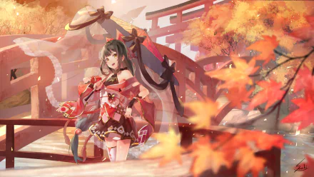 Anime-style original character with long black hair, yellow eyes, and a bow, dressed in a kimono and holding a parasol, set against an autumn shrine background.