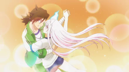 Anime HD wallpaper of Yuuna Yunohana and Kogarashi Fuyuzora from Yuragi-sou no Yuuna-san sharing a close moment with flowing hair against a glowing, warm-toned background.