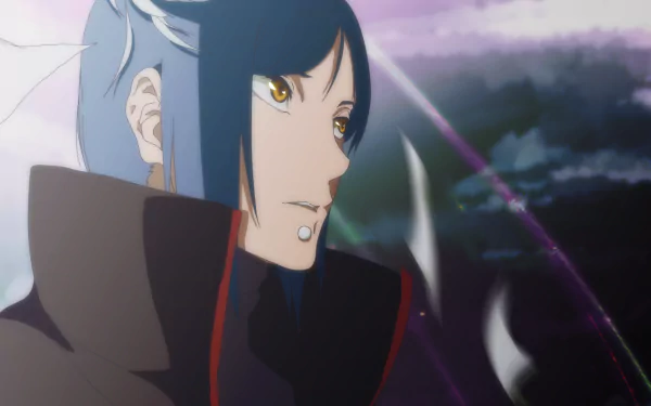HD PC desktop wallpaper featuring Konan from the anime Naruto, showcasing her profile with striking blue hair and yellow eyes against a dark, cloudy background.