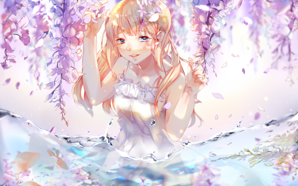 Anime Original Long Hair Blonde Blue Eyes Flower Smile Fish HD Wallpaper | Background Image