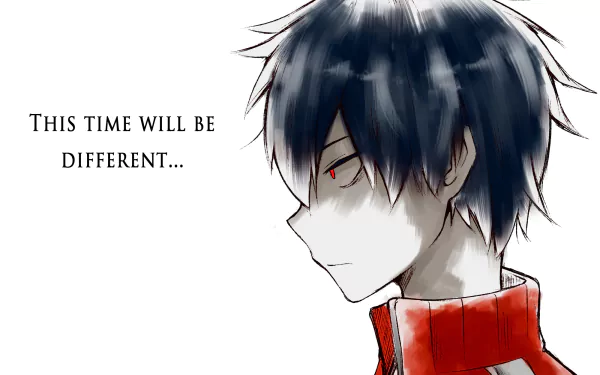 HD PC desktop wallpaper of Shintaro Kisaragi (Kagerou Project) — anime side profile with dark hair, red eyes and red jacket, caption: This time will be different...