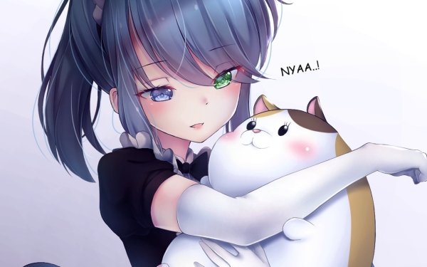 Anime Original Cat Love Blue Eyes Green Eyes Blue Hair Ponytail Heterochromia HD Wallpaper | Background Image
