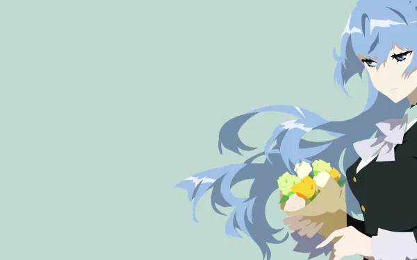 Noriko Sonozaki (Kiznaiver) with flowing blue hair holding a bouquet against a pale mint background — 5K Ultra HD PC desktop wallpaper and background.