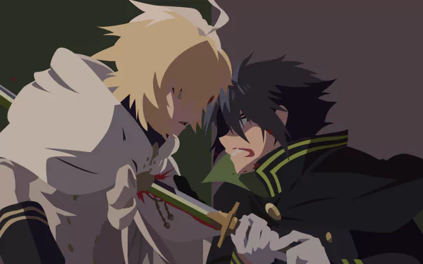 Minimalist 4K Ultra HD anime wallpaper featuring Yūichirō Hyakuya and Mikaela Hyakuya from Seraph of the End, each wielding swords in a dynamic confrontation.