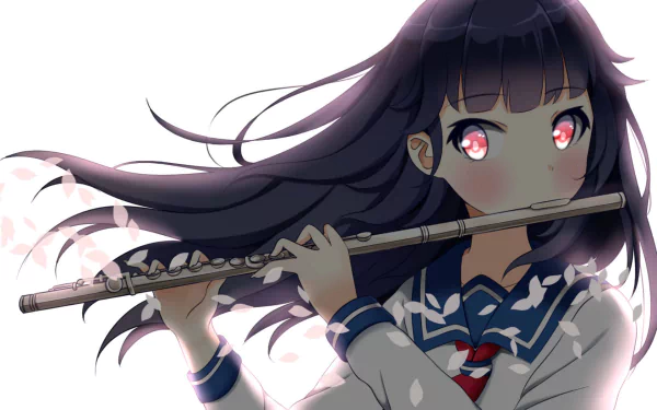 Anime-style illustration of a girl with long purple hair and red eyes, wearing a school uniform and playing a flute, surrounded by a soft pastel background.