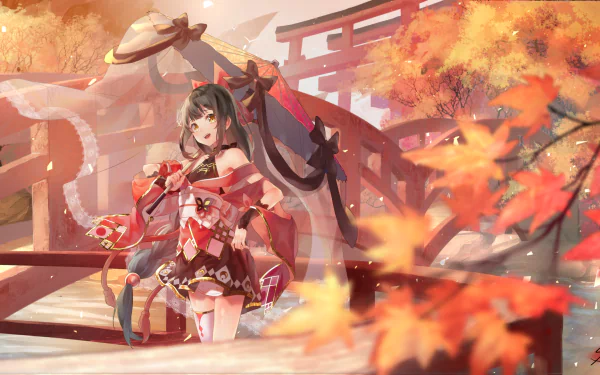 Anime-style original character with long black hair, yellow eyes, and a bow, dressed in a kimono and holding a parasol, set against an autumn shrine background.