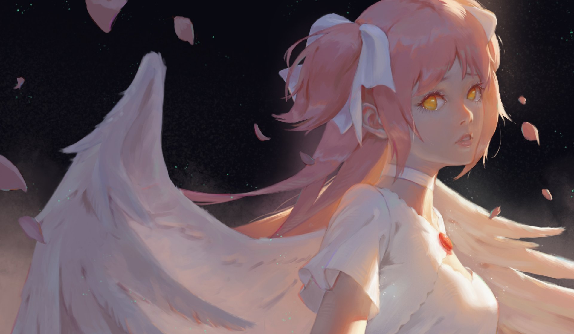 HD PC desktop wallpaper featuring Ultimate Madoka from the anime Puella Magi Madoka Magica with luminous eyes and angelic wings against a dark background.